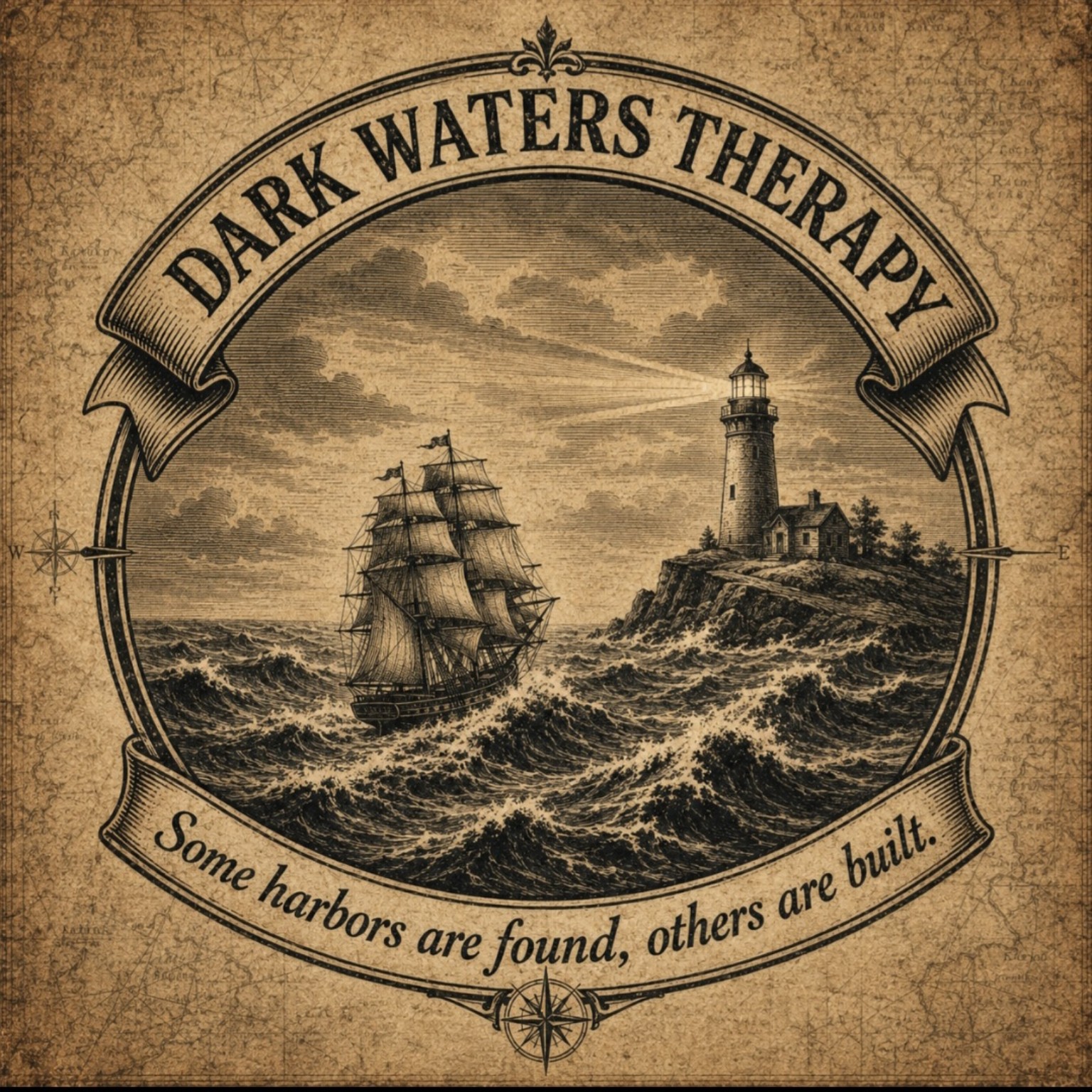 Dark Waters Therapy emblem showing a sailing ship moving through rough seas toward a lighthouse, with the line ‘Some harbors are found, others are built.’